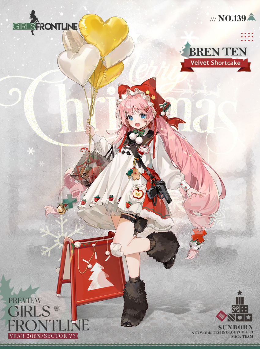 1girl apple apple_core artist_request balloon bandaid bandaid_on_knee bandaid_on_leg bell black_boots black_sailor_collar black_socks bloomers blue_eyes blush boots bow bowtie box bren_ten bren_ten_(girls&#039;_frontline) bren_ten_(velvet_shortcake)_(girls&#039;_frontline) buckle candy candy_cane character_name charm_(object) checkered_floor christmas christmas_tree commentary company_name copyright_name crossed_bandaids dress english_commentary english_text fang food frosted_glass fruit full_body fur_boots gift gift_box gingerbread_man girls&#039;_frontline green_bow green_bowtie gun hair_ornament hairclip handgun heart heart_balloon highres holly holster id_card jingle_bell long_hair long_sleeves looking_at_viewer merry_christmas official_alternate_costume official_art open_mouth pink_hair pom_pom_(clothes) promotional_art red_headwear sailor_collar second-party_source sign smile snap-fit_buckle snowflakes socks solo standing standing_on_one_leg star_(symbol) strawberry thigh_holster transparent_bag twintails underwear very_long_hair weapon white_background white_bloomers white_dress x_hair_ornament