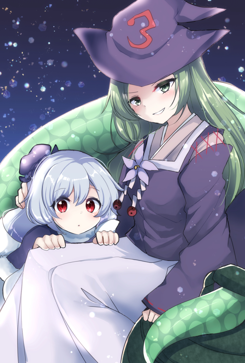 2girls abe_no_kiyohime blue_hair capelet green_eyes green_hair hat highres japanese_clothes kariginu long_hair long_skirt multiple_girls open_mouth ougi_hina red_eyes riverbed_soul_saver ruri_(riverbed_soul_saver) skirt smile snake_tail tail touhou witch_hat