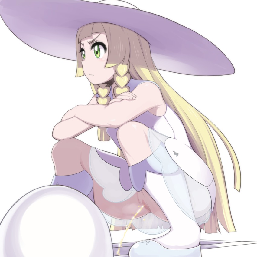 &gt;:| 1girl :| bare_arms bare_shoulders blonde_hair blunt_bangs braid censored closed_mouth crossed_arms dress female_focus fingernails green_eyes hat highres kneehighs lillie_(pokemon) long_hair mosaic_censoring nintendo no_panties peeing pokemon pokemon_sm pussy see-through_clothes shoes simple_background sleeveless sleeveless_dress socks solo squat_toilet squatting sun_hat toilet_use twin_braids v-shaped_eyebrows very_long_hair white_background white_dress white_hat white_socks yellow_eyes yuguraniru
