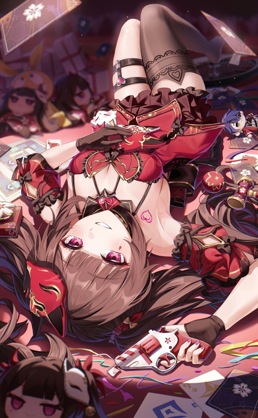 1girl absurdres aida_noa black_collar black_gloves black_thighhighs board_game box breasts brown_hair card character_doll cleavage collar commentary_request doll dress fingerless_gloves fingernails fox_mask gift gift_box gloves gun hand_on_own_chest heart heart_tattoo highres holding holding_gun holding_weapon homu_(honkai_impact) honkai:_star_rail honkai_(series) honkai_impact_3rd kendama long_hair looking_at_viewer lying mark_under_eye mask mask_on_head medium_breasts nail_polish on_back pink_nails playing_card red_dress red_eyes sampo_koski shoulder_tattoo single_fingerless_glove single_thighhigh smile solo sparkle_(doll)_(honkai:_star_rail) sparkle_(fictitious_game)_(honkai:_star_rail) sparkle_(honkai:_star_rail) tattoo teardrop_facial_mark thighhighs thighs very_long_hair weapon