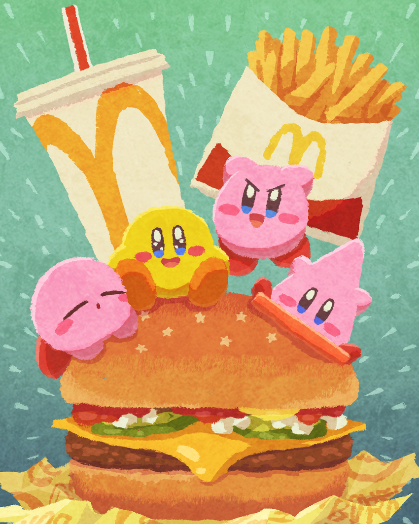 :d alternate_color blue_eyes blush_stickers burger cheese closed_eyes colored_skin commentary cone_mouth cup disposable_cup drinking_straw food food_focus french_fries highres kirby kirby_(series) mcdonald&#039;s meat miclot mouthful_mode nintendo no_humans open_mouth pink_skin player_2 sitting sleeping smile v-shaped_eyebrows yellow_skin
