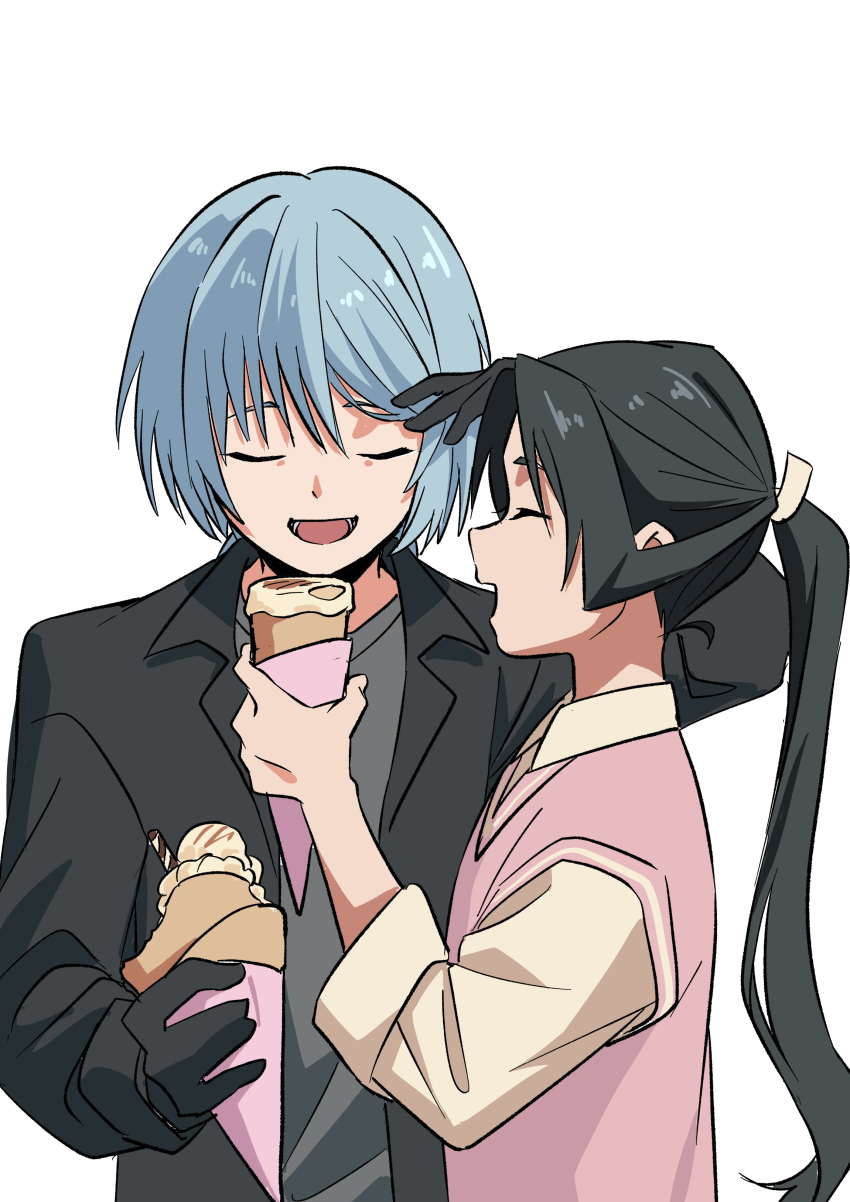2boys absurdres black_gloves black_hair black_jacket blue_hair closed_eyes collared_shirt crest eating food fubuki_(nige_jouzu_no_wakagimi) gloves grey_shirt highres houjou_tokiyuki_(nige_jouzu_no_wakagimi) ice_cream ice_cream_cone jacket light_blue_hair long_hair mado_cat02 male_focus motoyui multiple_boys nige_jouzu_no_wakagimi pink_vest sharing_food shirt simple_background upper_body vest white_background white_shirt