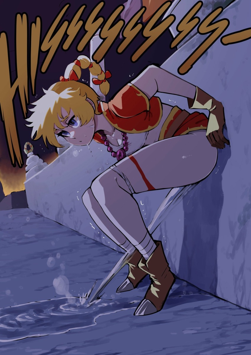 1girl belt biku blonde_hair blue_eyes boots bow braid breasts breath brown_belt brown_footwear brown_gloves chrono_(series) chrono_cross cleavage clothes_lift collarbone facial_mark gloves hair_bow highres jewelry kid_(chrono_cross) long_hair looking_down medium_breasts midriff necklace night orange_bow panties panty_pull peeing puddle red_skirt red_vest relief shirt short_sleeves skirt skirt_lift sky square_enix squatting steam sweat trembling underwear vest wall white_panties white_shirt