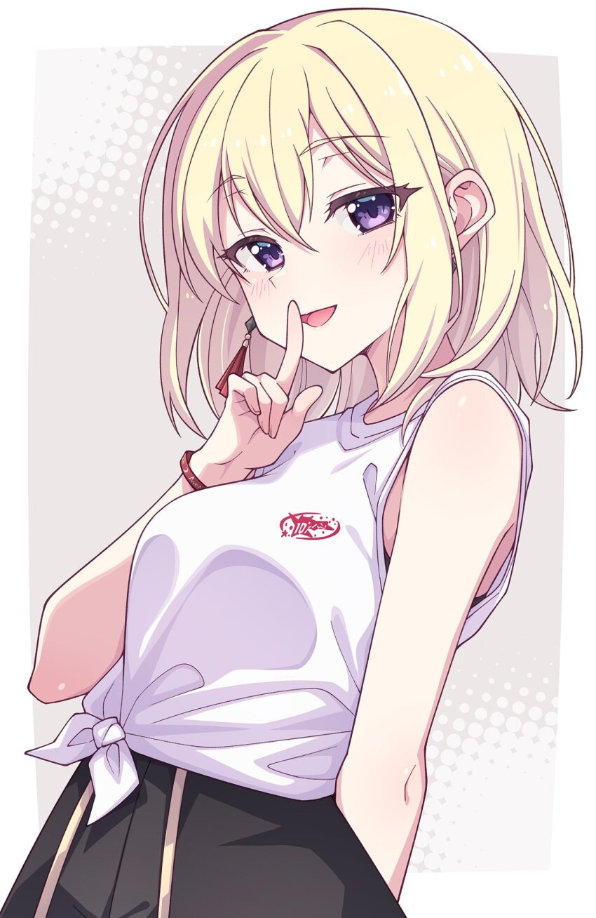 1girl bang_dream! bang_dream!_it&#039;s_mygo!!!!! blonde_hair border bracelet breasts commentary e20 earrings finger_to_mouth hair_between_eyes highres jewelry looking_at_viewer medium_breasts medium_hair misumi_uika outside_border purple_eyes shirt shushing sleeveless sleeveless_shirt solo tied_shirt white_border white_shirt