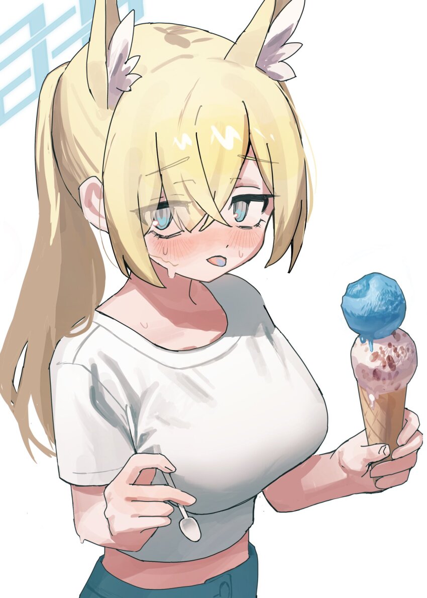 1girl animal_ear_fluff animal_ears blonde_hair blue_archive blue_eyes blush colored_tongue food hair_between_eyes halo holding holding_ice_cream_cone holding_spoon ice_cream ice_cream_cone kanna_(blue_archive) long_hair ponytail shiosai_73 shirt solo spoon standing sweat t-shirt tongue tongue_out white_background white_shirt