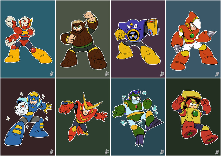 air_man arm_cannon blue_eyes bubble bubble_man capcom crash_man drill drill_hand flash_man full_body heat_man highres looking_at_viewer mega_man_(classic) mega_man_(series) mega_man_2 metal_man no_humans non-humanoid_robot quick_man red_eyes robot robot_ears weapon wood_man