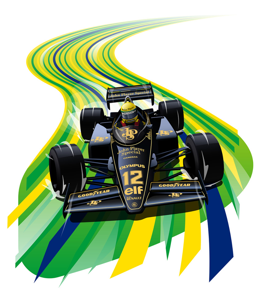 1boy abel_toth ayrton_senna black_car car commentary driving english_commentary formula_one formula_racer goodyear helmet highres lotus_(brand) lotus_97t motor_vehicle race_vehicle racecar real_life smoke solo sponsor vehicle_focus yellow_helmet