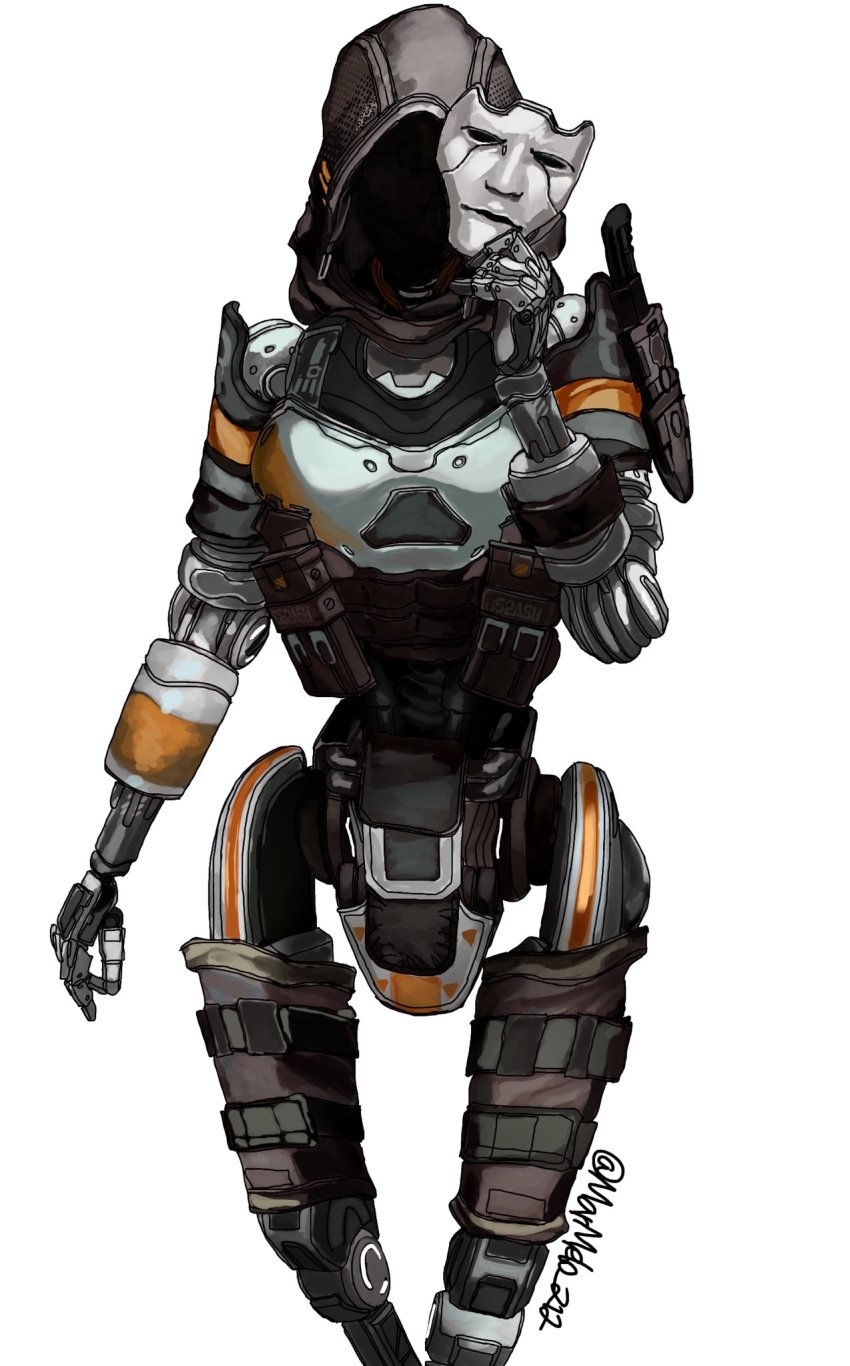 1girl artist_name ash_(titanfall_2) black_eyes faceless highres holstered hood humanoid_robot knife kotone_a robot science_fiction solo titanfall_(series) titanfall_2 walking white_background