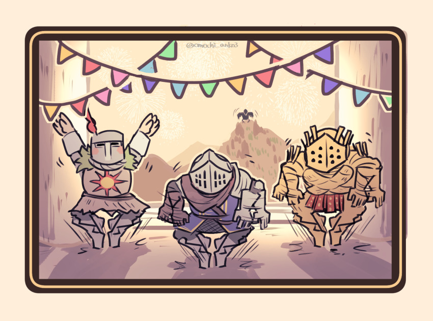 armor bird blush_visible_through_clothes chibi crow dancing dark_souls_(series) dark_souls_i full_armor highres knight_lautrec_of_carim knight_of_astora_oscar meme motion_lines omochi_anko3 praise_the_sun solaire_of_astora twitter_username
