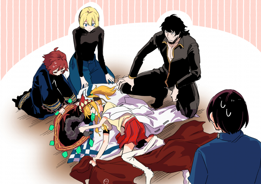 2boys 3girls black_hair black_pants black_shirt blonde_hair blue_eyes blue_pants blue_robe braid brown_shirt character_request closed_mouth clothes_pull collared_shirt dress_shirt etrian_odyssey hair_between_eyes highres long_sleeves lying mouth_hold multiple_boys multiple_girls nikki_kyousuke no_shoes on_side pants pantyhose pantyhose_pull phalanx_(sekaiju) phalanx_2_(sekaiju) pleated_skirt ponytail puffy_short_sleeves puffy_sleeves red_skirt robe sekaiju_no_meikyuu sekaiju_no_meikyuu_4 shirt short_sleeves skirt smile squatting swordsman_(sekaiju_4) swordsman_4_(sekaiju_4) twin_braids white_pantyhose wide_sleeves