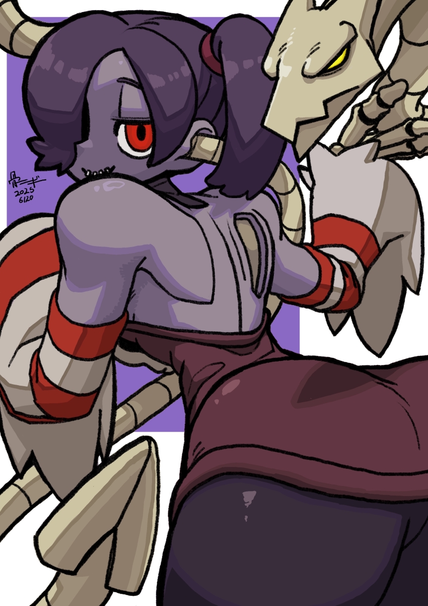 1girl ass bone_nigi colored_skin cowboy_shot detached_collar detached_sleeves dress exposed_bone from_behind hair_over_one_eye half-closed_eyes leaning_forward leviathan_(skullgirls) looking_at_viewer looking_back purple_background purple_hair purple_skin red_eyes side_ponytail skeletal_hand skullgirls smile solo squigly_(skullgirls) stitched_mouth stitches striped_sleeves white_background zombie