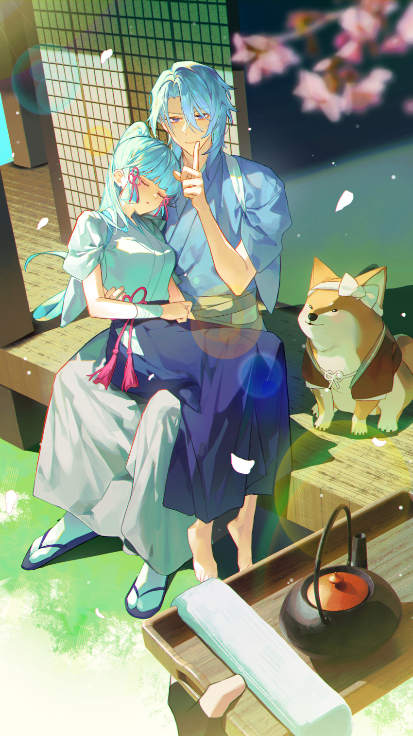 1boy 1girl 1other absurdres architecture arm_around_back ayaka_(genshin_impact) barefoot black_gloves blue_eyes blue_hair blue_hakama blue_kimono breasts brother_and_sister closed_eyes closed_mouth commentary_request dappled_sunlight dog east_asian_architecture falling_petals finger_to_mouth fingerless_gloves full_body genshin_impact gloves hair_between_eyes hakama highres holding holding_tray index_finger_raised japanese_clothes kamisato_ayato kimono long_hair looking_at_viewer medium_breasts parted_lips petals ponytail pov pov_hands revision sandals short_sleeves shotgunman shushing siblings sitting sitting_on_lap sitting_on_person sleeping smile socks sunlight tabi taroumaru_(genshin_impact) teapot tray white_kimono white_socks wooden_tray