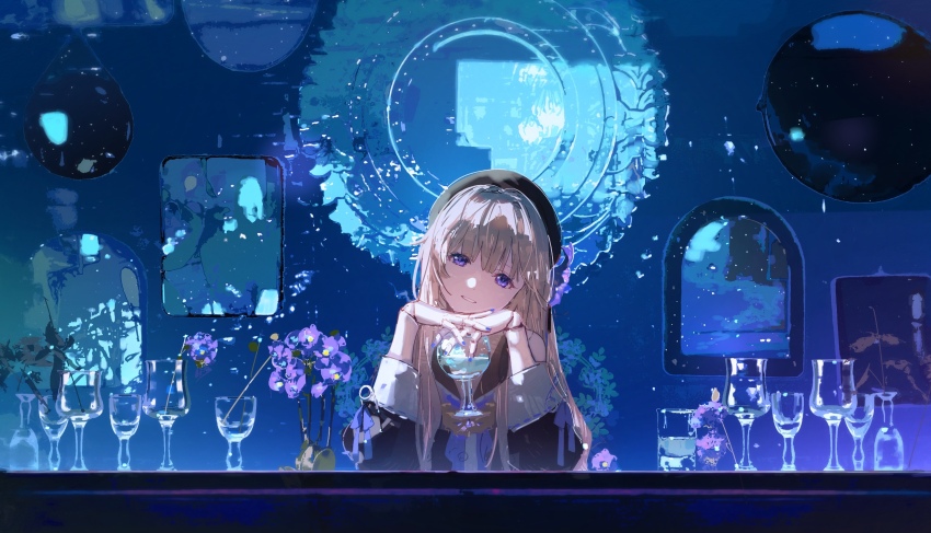 1girl absurdres black_hat blonde_hair blue_nails cup doll_joints drinking_glass flower glassware hat head_tilt herta_(honkai:_star_rail) highres honkai:_star_rail honkai_(series) joints long_hair looking_at_viewer parted_lips purple_eyes sheya_tin simulate_your_universe_challenge solo window