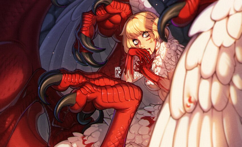 1girl absurdres artist_logo blonde_hair blood blood_on_body blood_on_face blood_on_hands bloody_wings breasts centauroid chimera claws commentary dungeon_meshi english_commentary falin_touden falin_touden_(chimera) feathered_wings feathers helixel highres logo looking_at_viewer medium_hair monster_girl parted_lips red_scales shadow solo taur underboob white_feathers white_wings wide-eyed wings yellow_eyes