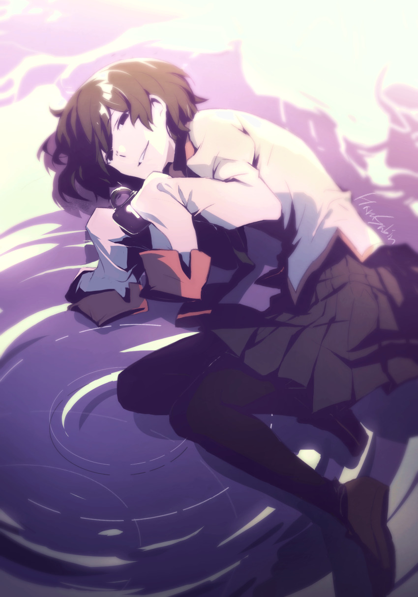 artist_name bad_id bad_pixiv_id bakemonogatari black_eyes black_hair black_legwear black_skirt bob_cut brown_shoes commentary curled_up from_above full_body half-closed_eyes harusabin highres holding loafers lock long_sleeves looking_at_viewer looking_up lying monogatari_(series) on_side oshino_ougi padlock pale_skin panya parted_lips pink_skirt purple_background ripples school_uniform shoes short_hair signature skirt sleeves_past_fingers sleeves_past_wrists smile solo