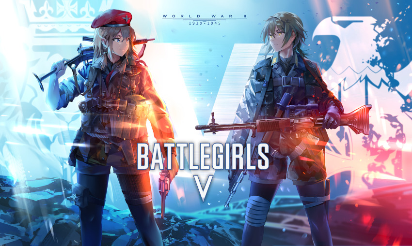 2girls ammunition_pouch battle_rifle battlefield_(series) battlefield_v beret binoculars bird blonde_hair bloom blue_eyes commentary_request cross crown eagle explosive fg_42 grenade gun handgun hat highres iron_cross lion multiple_girls neko_(yanshoujie) original pantyhose pistol pouch red_headwear revolver rifle scope shorts standing sten_gun submachine_gun walther walther_p38 weapon webley_revolver world_war_ii yellow_eyes