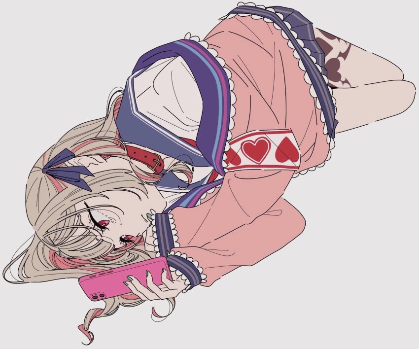 1girl armband blue_sailor_collar blue_skirt brown_hair cellphone colored_inner_hair hair_intakes hair_ribbon highres holding holding_phone jacket kamatama_rom leg_tattoo lying makaino_ririmu makaino_ririmu_(4th_costume) multicolored_hair nijisanji on_side phone pink_eyes pink_hair pink_jacket pleated_skirt ribbon sailor_collar shirt simple_background skirt smartphone solo streaked_hair tattoo teardrop two-tone_hair two_side_up virtual_youtuber white_background white_shirt winged_heart_tattoo