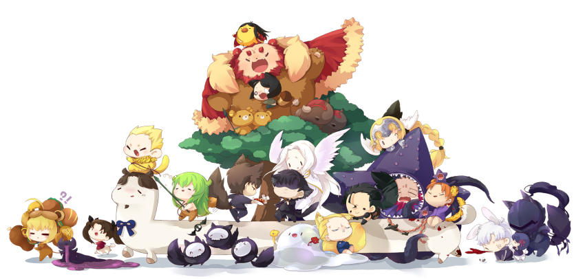 5girls 6+boys adalove aged_up ahoge alpaca animal_ears animalization armor armored_dress artoria_pendragon_(fate) assassin_(fate/zero) bear berserker_(fate/zero) bird black_hair blonde_hair blood brown_hair bull carnival_phantasm cat_ears cat_tail centaur chibi coat diarmuid_ua_duibhne_(fate) diarmuid_ua_duibhne_(lancer)_(fate) dog_tail dress earrings emiya_kiritsugu enkidu_(fate) everyone fang fate/apocrypha fate/strange_fake fate/tiger_colosseum fate/zero fate_(series) father_and_daughter fox_ears gilgamesh_(fate) gilles_de_rais_(caster)_(fate) gilles_de_rais_(fate) grail-kun hair_ribbon highres irisviel_von_einzbern iskandar_(fate) jeanne_d&#039;arc_(fate) jeanne_d&#039;arc_(ruler)_(fate) jewelry kayneth_archibald_el-melloi kemonomimi_mode kotomine_kirei kotomine_kirei_(fate/zero) long_hair lord_el-melloi_ii matou_kariya matou_sakura matou_sakura_(fate/zero) monkey multiple_boys multiple_girls necklace polearm rabbit_ears red_hair ribbon saber_(fate) saber_lion scarf sharp_teeth short_hair siblings smile sola-ui_nuada-re_sophia-ri spear starfish tail taur teeth tohsaka_rin tohsaka_rin_(fate/zero) tohsaka_tokiomi tree twintails uryuu_ryuunosuke volumen_hydragyrum_(fate) waver_velvet weapon white_hair wings