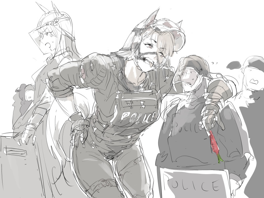 2girls alternate_costume alternate_size animal_ears arm_around_shoulder ballistic_shield bridle carrot commentary_request ear_covers face_shield gloves gold_ship_(umamusume) greyscale hand_on_own_hip height_difference helmet highres horse_ears horse_girl horse_tail leaning_on_person mejiro_mcqueen_(umamusume) monochrome multiple_girls osakana_(denpa_yun&#039;yun) police police_uniform policewoman riot_police school_uniform shield size_difference sketch spot_color sweatdrop tail tall_female teamwork tongue tongue_out umamusume white_hair