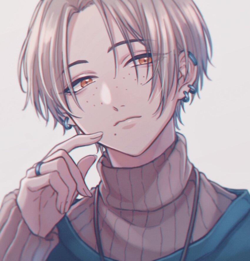 1boy blue_shirt bob_cut brown_eyes brown_hair brown_sweater closed_mouth curtained_hair earrings freckles hand_on_own_cheek hand_on_own_face highres hoop_earrings jewelry lips looking_to_the_side male_focus mole mole_under_mouth moxamog necklace original ring shirt short_hair simple_background sweater white_background