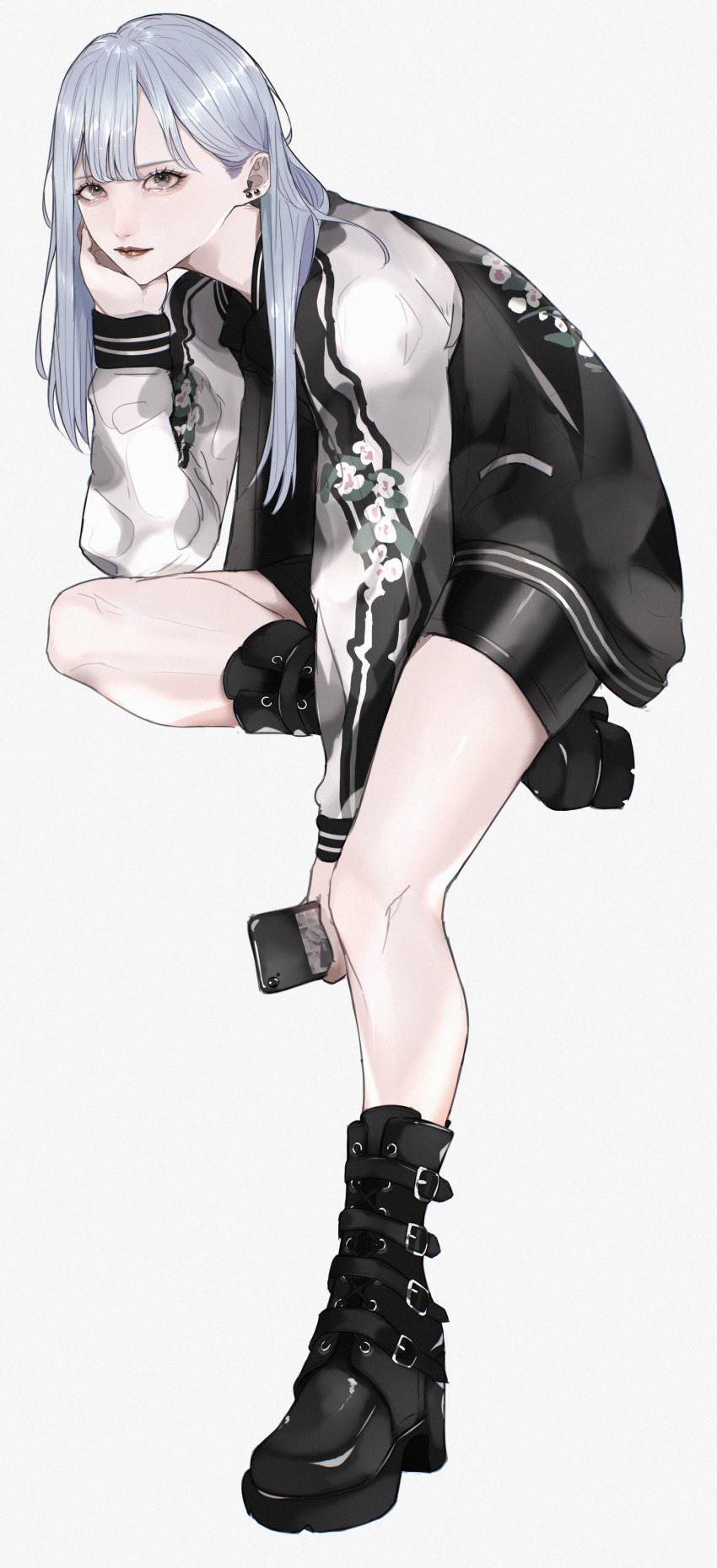 1girl absurdres aegyo_sal belt_boots black_boots black_jacket black_shorts blue_hair boots cellphone closed_mouth earrings eyelashes floral_print full_body grey_background grey_eyes hand_on_own_chin head_rest highres holding holding_phone jacket jewelry knee_boots leaning_forward lipstick long_hair long_sleeves looking_at_viewer makeup mano_aaa original phone platform_boots print_jacket red_lips shorts simple_background smartphone solo standing standing_on_one_leg stud_earrings sukajan tachi-e