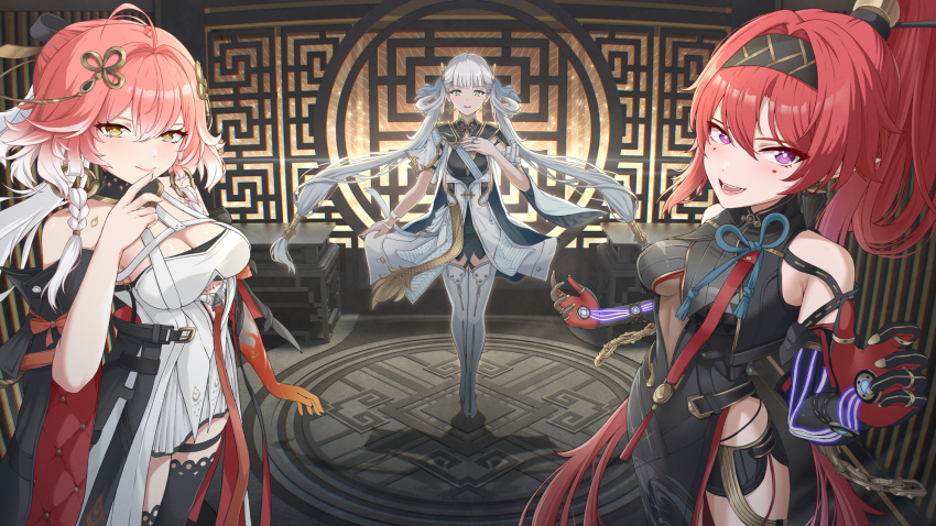 3girls agiri_(agiri_box) ahoge bare_shoulders black_bodysuit black_bow black_collar black_dress black_gloves black_hairband black_jacket black_shorts black_sleeves black_thighhighs body_markings bodysuit boots bow breasts bright_pupils changli_(wuthering_waves) circle_facial_mark cleavage closed_mouth coat collar colored_eyelashes commentary detached_sleeves dress elbow_gloves facial_mark finger_to_mouth gloves hair_between_eyes hair_bow hair_ornament hairband halterneck high_ponytail highres jacket jinhsi_(wuthering_waves) large_breasts long_hair looking_at_viewer low_twintails mark_under_both_eyes multicolored_hair multiple_girls multiple_hair_bows pink_hair ponytail purple_eyes red_hair shorts side_slit smile standing tacet_mark_(wuthering_waves) thigh_boots thigh_strap thighhighs twintails two-tone_hair two_side_up underboob very_long_hair white_bow white_coat white_dress white_eyelashes white_eyes white_footwear white_hair white_pupils wuthering_waves yellow_eyes yinlin_(wuthering_waves)