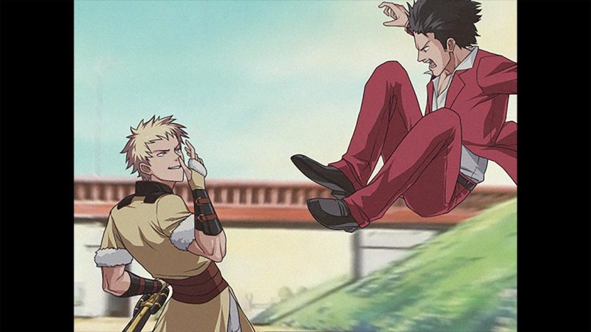 1990s_(style) 2boys afro blonde_hair commentary english_commentary fire_emblem fire_emblem_awakening flying_kick fur_trim grin hand_over_face jacket jake_brito kaiji_tang kasuga_ichiban kicking kshatriya_666 multiple_boys nintendo open_mouth outdoors owain_(fire_emblem) pants pillarboxed red_jacket red_pants retro_artstyle ryuu_ga_gotoku_(series) ryuu_ga_gotoku_7 shirt smile upper_body voice_actor_connection white_shirt
