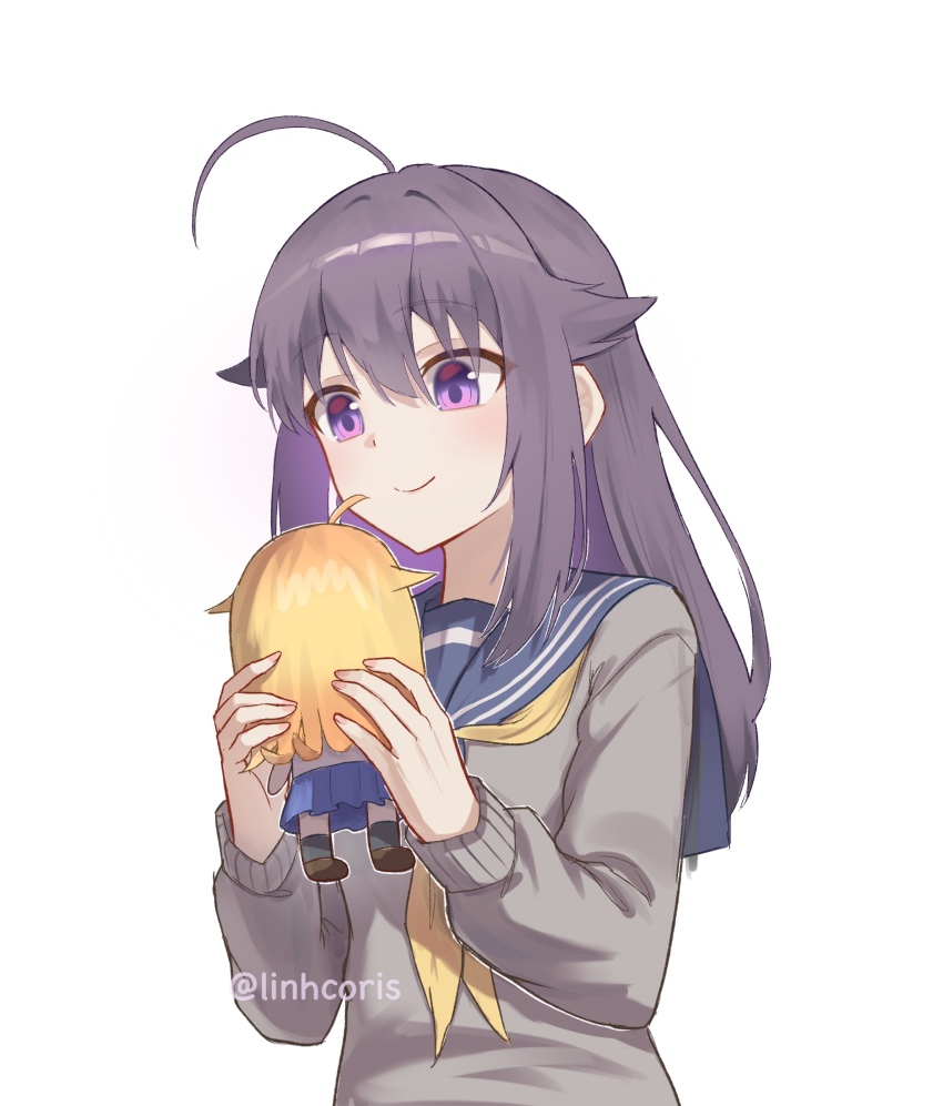1girl ahoge artist_name blonde_hair blue_sailor_collar blush breasts cameo character_doll doll highres holding holding_doll holding_stuffed_toy imagining implied_yuri koshi_anko_(shikanoko) koshi_torako linhcoris long_hair long_sleeves medium_breasts neckerchief purple_eyes purple_hair sailor_collar school_uniform serafuku shikanoko_nokonoko_koshitantan shirt siscon skirt smile stuffed_toy twitter_username white_shirt yellow_neckerchief