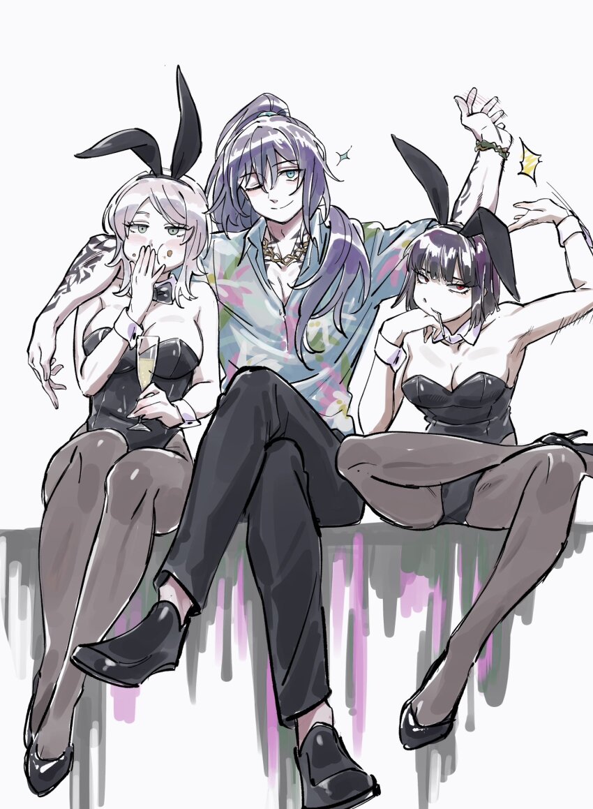 1boy 2girls animal_ears black_footwear black_leotard black_pants blue_hair brown_pantyhose chain chain_necklace champagne_flute cup detached_collar drinking_glass faust_(project_moon) full_body highres holding holding_cup hong_lu_(project_moon) jewelry keisotu_kuruu leotard limbus_company long_hair multiple_girls necklace one_eye_closed pants pantyhose playboy_bunny ponytail project_moon rabbit_ears ryoshu_(project_moon) sitting slapping strapless strapless_leotard tingtang_gang_(identity)_(project_moon) very_long_hair wrist_cuffs