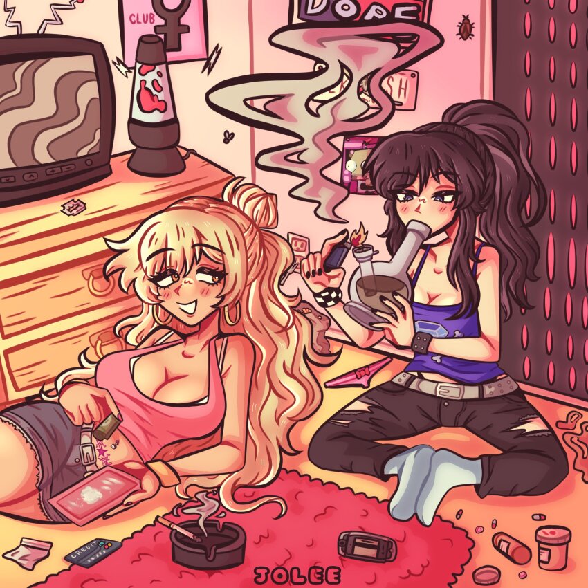 2girls blonde_hair bong breasts brown_hair cigarette class_of_09 cleavage drugs half_updo highres jecka_(class_of_09) joboqs large_breasts lava_lamp long_hair medicine_bottle medium_breasts multiple_girls navel_piercing nicole_(class_of_09) piercing pill television