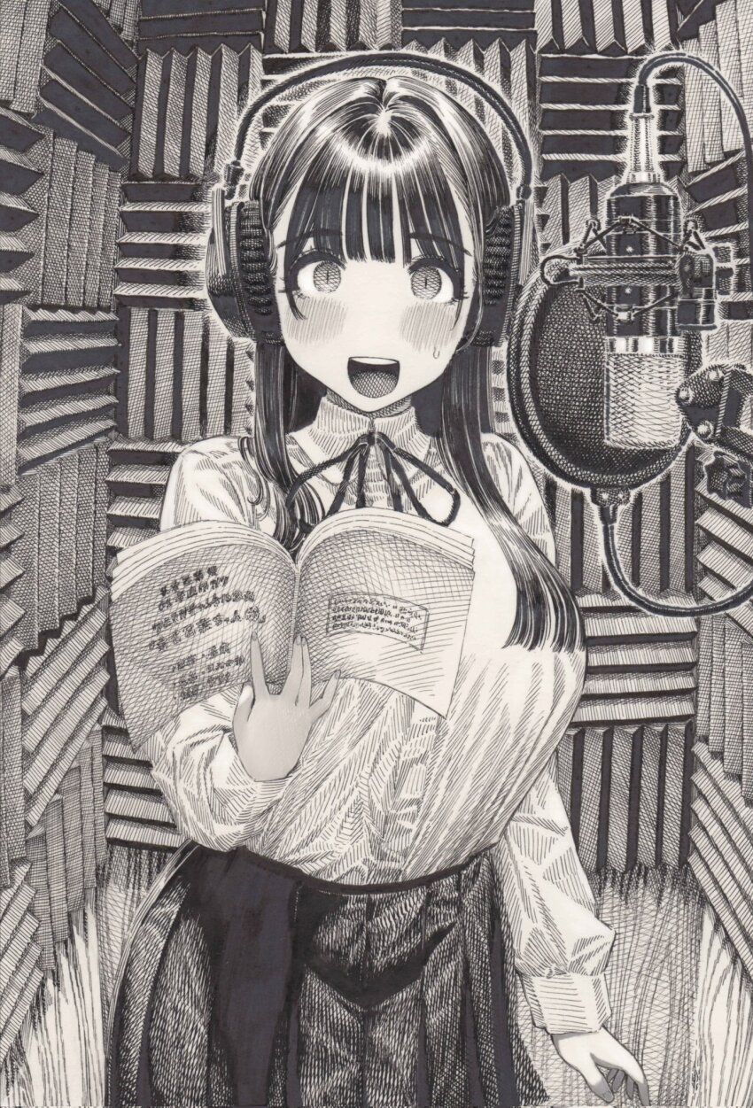 1girl :d bad_tag blunt_bangs blush book bookshelf breasts collared_shirt greyscale hatching_(texture) headphones highres hirune_(imomonono) holding holding_book indoors large_breasts long_hair long_sleeves looking_at_viewer microphone monochrome neck_ribbon open_book open_mouth original pleated_skirt ribbon shirt shirt_tucked_in skirt smile solo teeth traditional_media