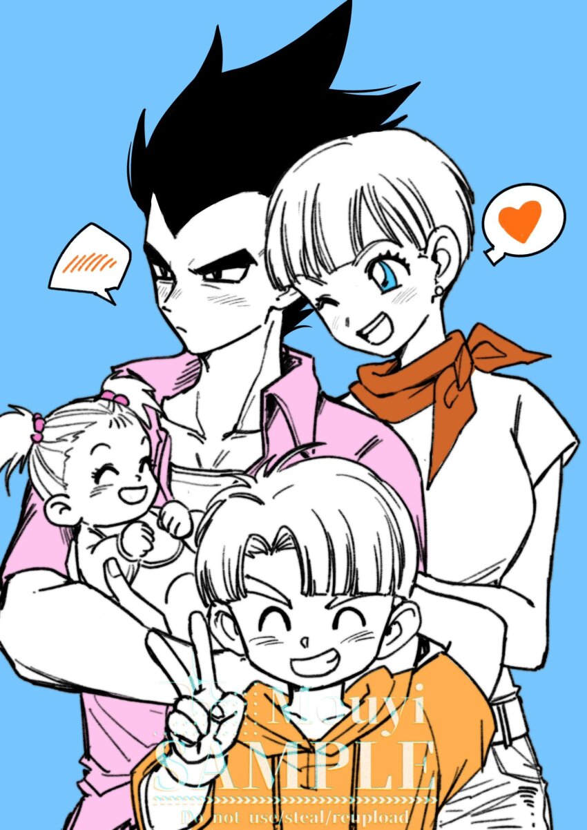 2boys 2girls artist_name baby black_hair blue_background blue_eyes blunt_bangs blush bra_(dragon_ball) breasts brother_and_sister bulma carrying carrying_baby carrying_person child closed_eyes collared_shirt dragon_ball dragon_ball_gt earrings family father_and_daughter father_and_son grin hair_behind_ear hair_bobbles hair_ornament hair_slicked_back heart highres hood hood_down hoodie husband_and_wife jewelry medium_breasts mother_and_daughter mother_and_son mouyi multiple_boys multiple_girls neckerchief one_eye_closed orange_hoodie parted_bangs pink_shirt red_neckerchief sample_watermark shirt short_hair short_twintails siblings smile spiked_hair spoken_blush spoken_heart teeth trunks_(dragon_ball) twintails upper_body v vegeta watermark white_hair white_shirt widow&#039;s_peak