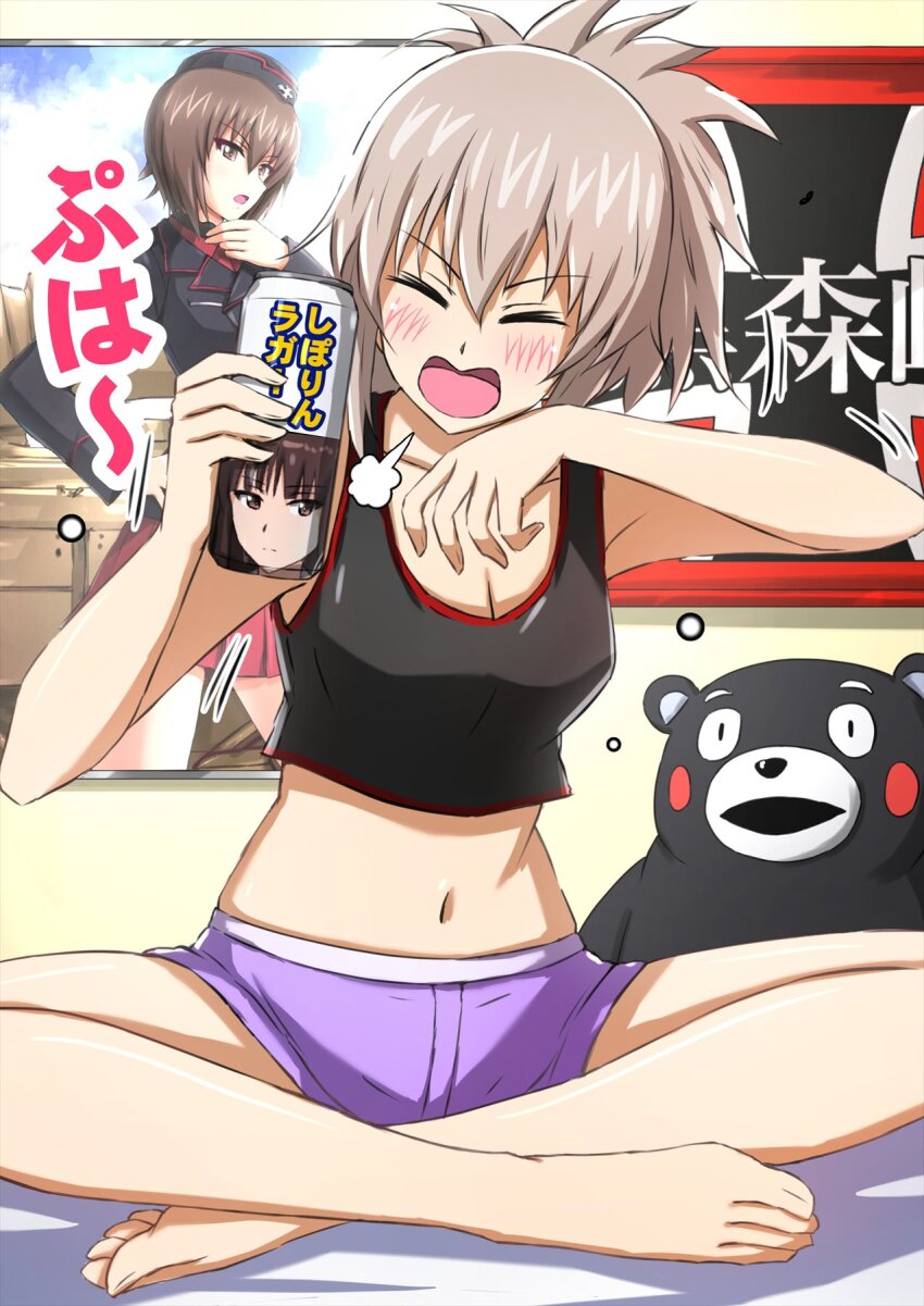 1girl alcohol barefoot bedroom beer black_shirt can closed_eyes commentary cropped_shirt emblem girls_und_panzer grey_hair hair_up highres holding holding_can indian_style indoors itsumi_erika kumamon kuromorimine_(emblem) kuromorimine_military_uniform loungewear medium_hair midriff motion_lines navel nishizumi_maho nishizumi_shiho omachi_(slabco) on_bed open_mouth ponytail poster_(object) puff_of_air purple_shorts shirt short_shorts shorts sitting sleeveless sleeveless_shirt smile solo stuffed_animal stuffed_toy teddy_bear translated
