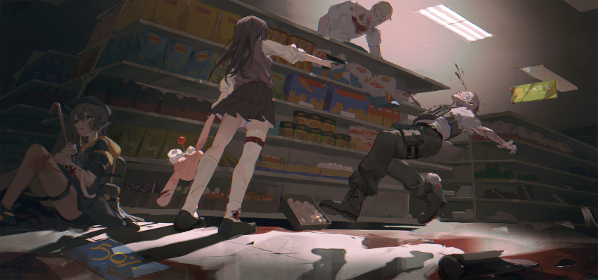 2boys 2girls absurdres aisle backpack bag bag_of_chips bandaged_arm bandaged_foot bandages box chips_(food) crowbar firing food gun handgun highres multiple_boys multiple_girls original pocky potato_chips reset school_uniform shop stuffed_animal stuffed_rabbit stuffed_toy tin_can torn_clothes weapon zombie