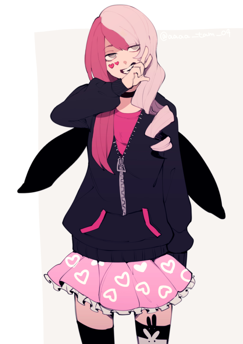 #compass 1girl animal_ears animal_hood asymmetrical_hair black_thighhighs choker cowboy_shot drill_hair facial_mark facial_tattoo grey_eyes heart heart_facial_mark heart_pattern heart_tattoo highres hood hoodie jacket light_purple_hair long_hair marking_on_cheek megumegu multicolored_hair pink_hair rabbit_ears rabbit_hood skirt smile smirk smug solo tattoo thighhighs two-tone_hair v white_background yusya11