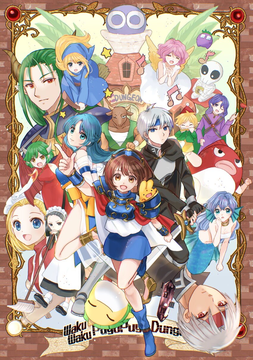 absurdres angel_wings arle_nadja black_kikimora blonde_hair blue_eyes blue_hair brown_eyes brown_hair carbuncle_(puyopuyo) character_request closed_eyes doppelganger_schezo draco_centauros green_eyes green_hair harpy_(puyopuyo) highres higurashi_73 holding holding_sword holding_weapon horns kikimora_(puyopuyo) looking_at_viewer madou_monogatari mermaid minotaur_(puyopuyo) monster_girl musical_note nasu_grave pink_hair puyo_(puyopuyo) puyopuyo red_eyes rulue_(puyopuyo) satan_(puyopuyo) schezo_wegey serilly_(puyopuyo) skeleton_t sword weapon white_hair wings witch_(puyopuyo)