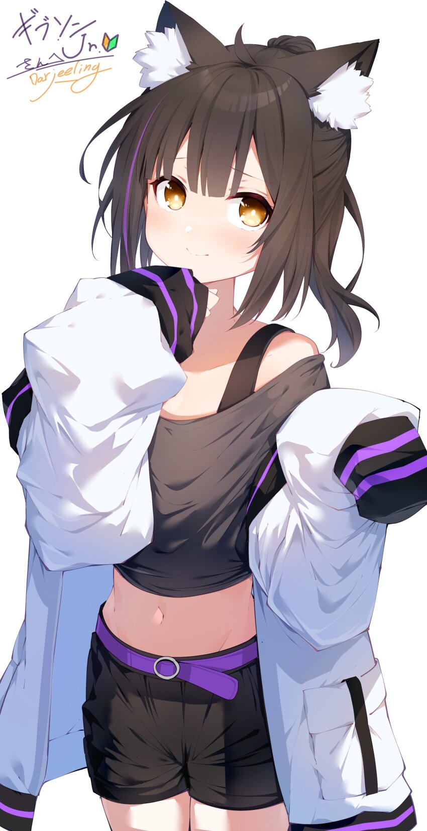1girl absurdres ahoge animal_ear_fluff animal_ears belt black_hair black_shirt black_shorts blush closed_mouth commission commissioner_name cowboy_shot darjeeling_(reley) hands_up highres jacket long_sleeves looking_at_viewer multicolored_hair navel off-shoulder_shirt off_shoulder open_clothes open_jacket orange_eyes original ponytail purple_belt purple_hair second-party_source shirt shorts signature simple_background skeb_commission sleeves_past_fingers sleeves_past_wrists solo streaked_hair white_background white_jacket