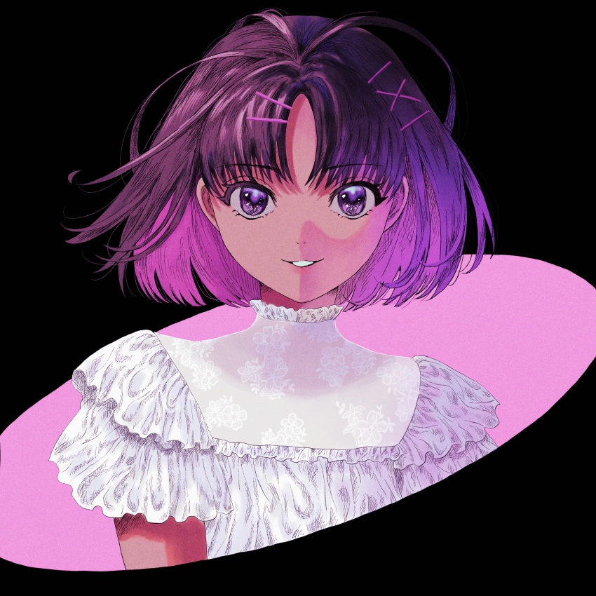 1girl absurdres black_background black_eyes black_hair bob_cut colored_inner_hair dress edaori hair_ornament hairclip highres looking_at_viewer multicolored_hair original parted_lips short_hair smile solo two-tone_hair upper_body white_dress
