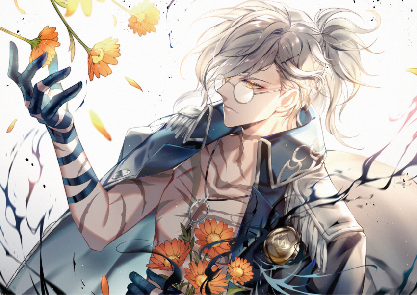 1boy bandaged_arm bandaged_hand bandages black_bandages black_coat black_fire bouquet chinese_commentary closed_mouth coat coat_on_shoulders collared_coat edmond_dantes_(fate) edmond_dantes_(monte_cristo_selection)_(fate) epaulettes expressionless eyewear_around_neck falling_flower falling_petals fate/grand_order fate_(series) fire flower glasses hair_behind_ear hair_ornament hair_over_one_eye hairclip hand_up holding holding_bouquet holding_flower long_hair looking_at_flowers male_focus no_shirt official_alternate_costume orange_flower petals ponytail round_eyewear s_(olath) scar scar_on_arm scar_on_chest scar_on_neck short_ponytail solo swept_bangs three_quarter_view upper_body wavy_hair white_background white_hair yellow_eyes