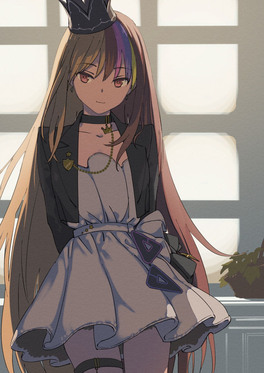 1girl :3 absurdres arms_behind_back backlighting black_choker black_crown black_jacket blue_hair brown_hair choker closed_mouth commentary_request cowboy_shot crown dress galaco green_hair highres indoors jacket lapels long_hair long_sleeves looking_at_viewer multicolored_hair notched_lapels open_clothes open_jacket pink_hair red_eyes solo standing star_(symbol) streaked_hair sunlight tarokazu thigh_strap very_long_hair vocaloid white_dress window