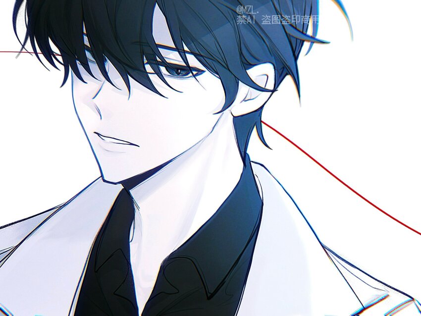 1boy bags_under_eyes black_eyes black_hair black_shirt close-up coat cowboy_shot head_tilt highres kim_dokja looking_at_viewer male_focus muzililsp omniscient_reader&#039;s_viewpoint open_clothes parted_lips popped_collar portrait shirt short_hair solo string string_of_fate white_coat