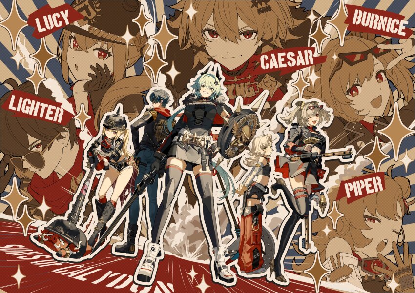 1boy 4girls absurdres baseball_bat black_hair blonde_hair breasts burnice_white caesar_king_(zenless_zone_zero) capelet character_name closed_mouth crop_top denim detached_pants detached_sleeves eyewear_on_head flamethrower gloves goggles goggles_around_neck green_eyes green_hair grin hair_between_eyes hair_ornament hand_on_own_hip helmet high_heels highres holding holding_weapon jacket jeans large_breasts leaning_forward lighter_(zenless_zone_zero) long_hair luciana_de_montefio mask mask_around_neck multiple_girls multiple_views one_eye_closed open_mouth pants piper_wheel red_eyes red_scarf scarf shield shoes short_shorts shorts side_ponytail skirt smile sparkle standing sunglasses thighhighs ugonba_(howatoro) v weapon x_hair_ornament zenless_zone_zero