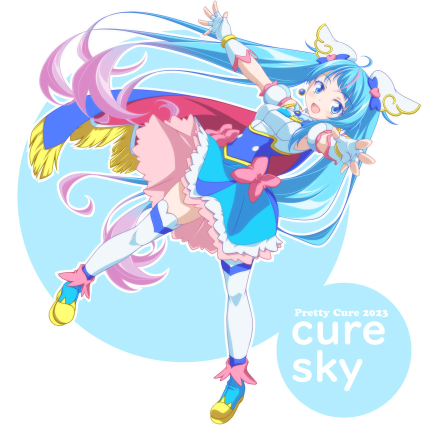 1girl 2023 armband blue_cape blue_dress blue_eyes blue_hair blue_shoes bow cape character_name commentary_request copyright_name cure_sky dress dutch_angle earrings fingerless_gloves fringe_trim gloves gradient_hair hair_ornament highres hirogaru_sky!_precure jewelry kikuchi_tsutomu long_hair magical_girl multicolored_hair open_mouth outline pink_hair precure reaching reaching_towards_viewer red_bow red_cape shoes short_dress sleeveless sleeveless_dress smile solo sora_harewataru thighhighs twintails two-sided_cape two-sided_fabric very_long_hair white_gloves white_outline white_thighhighs wind wing_hair_ornament