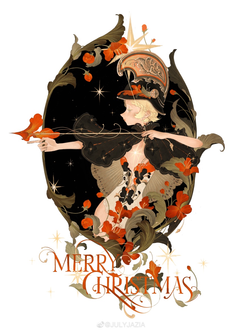 absurdres aiming arrow_(projectile) black_capelet black_hat blonde_hair blue_eyes bow_(weapon) braid breasts bud capelet chinese_commentary christmas cleavage closed_mouth collared_capelet commentary_request drawing_bow english_text expressionless flower from_side green_capelet half-closed_eyes hat highres holding holding_arrow holding_bow_(weapon) holding_weapon julyjazia leotard light_blush lipstick makeup merry_christmas military_hat original pointy_nose red_flower red_lips short_hair single_braid sparkle two-sided_capelet watermark weapon weibo_watermark white_background white_leotard