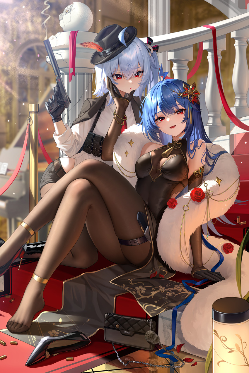 ahoge bad_source bare_shoulders bili_girl_22 bili_girl_33 bilibili black_dress black_gloves blue_hair breasts cleavage crossed_legs dress elbow_gloves feet flower gloves gun hair_ornament handgun hat high_heels highres holding holding_gun holding_weapon jewelry medium_breasts meion necktie open_mouth pantyhose red_eyes red_flower shirt sitting sleeveless sleeveless_dress smile thigh_strap toes weapon white_shirt