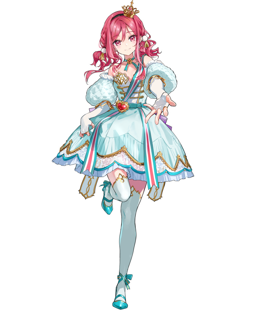 1girl absurdres crown highres off_shoulder reaching reaching_towards_viewer red_hair solo standing standing_on_one_leg thighhighs tiv virtual_youtuber white_thighhighs