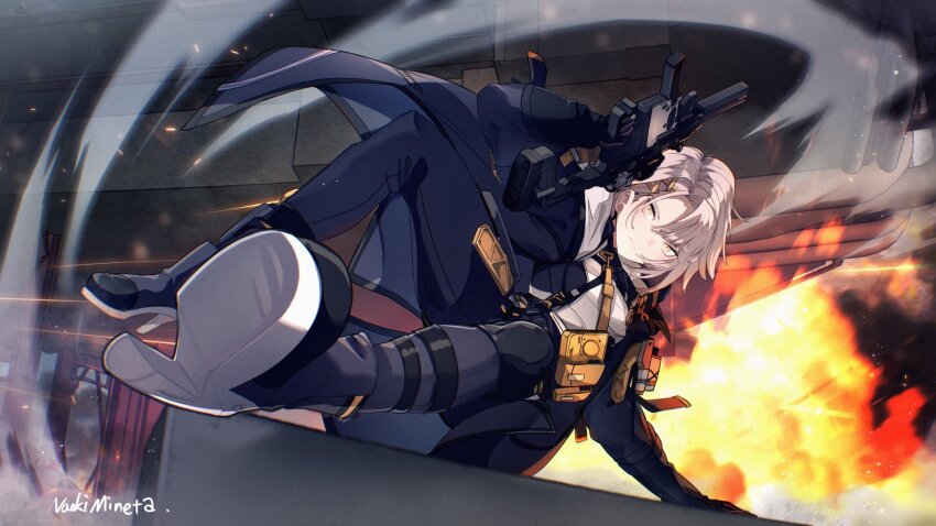 black_bodysuit black_gloves black_jacket black_pants bodysuit boots full_body gloves gun hair_ornament highres hood hooded_jacket jacket mineta_naoki pants sliding submachine_gun utility_vest vector_(girls&#039;_frontline) vector_(girls&#039;_frontline_2) vest war weapon white_boots white_hair white_vest yellow_eyes