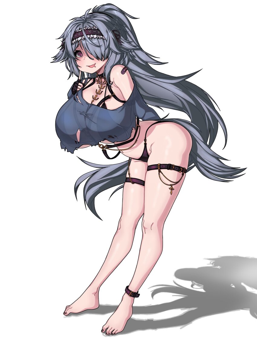 1girl @_@ ankle_belt arm_behind_back bandaid bandaid_on_shoulder barefoot belt bikini black_belt black_bikini black_gloves black_hairband breasts brups_tv crop_top drooling fang fingerless_gloves frilled_hairband frills gloves grey_hair hair_over_one_eye hairband highres indie_virtual_youtuber large_breasts leaning_forward long_hair menace_mamaki mouth_drool navel open_mouth purple_eyes see-through_clothes see-through_shirt shadow shirt skin_fang solo swimsuit tail thigh_belt thigh_strap torn_clothes torn_shirt virtual_youtuber