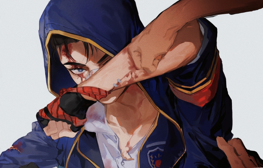 1boy 1other absurdres black_gloves blood blood_on_face blue_eyes blue_jacket collarbone collared_shirt fingerless_gloves gloves highres hood hooded_jacket identity_v injury jacket looking_at_another male_focus naib_subedar open_clothes open_jacket out_of_frame punching scar scar_on_arm shirt simple_background solo_focus stitches upper_body white_background white_shirt wing_collar zheqi79512