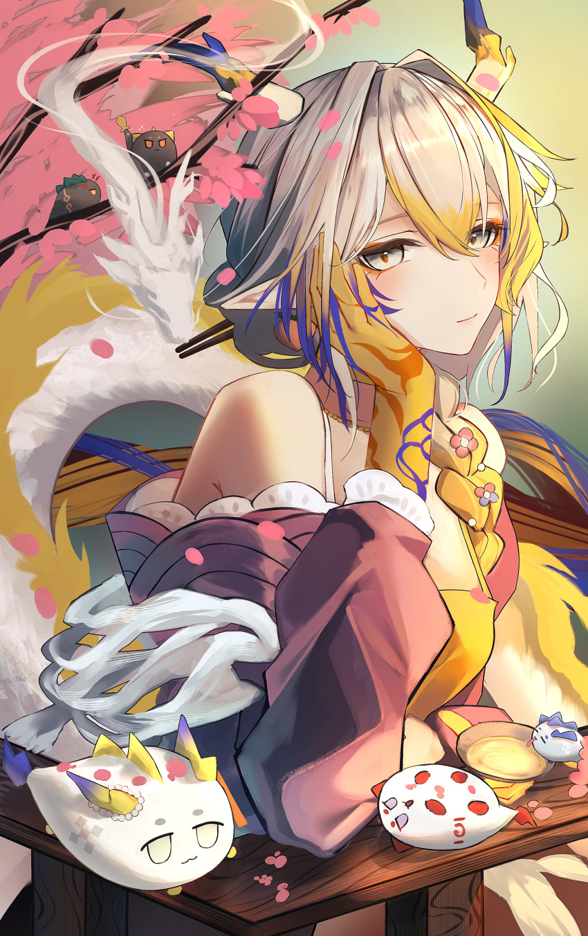 1girl absurdres arknights bare_shoulders braid braided_ponytail breasts cherry_blossoms chongyue_(arknights) colored_extremities commentary_request cup dragon dragon_bubble_(arknights) dragon_girl dragon_horns dragon_tail dusk_(arknights) eastern_dragon_horns eyeliner falling_petals flower gradient_hair grey_eyes hair_between_eyes hair_flower hair_ornament hair_over_shoulder hand_on_own_cheek hand_on_own_face hand_up highres horns jewelry light_smile ling_(arknights) long_hair looking_at_viewer makeup medium_breasts mo_komo_momo multicolored_hair necklace nian_(arknights) official_alternate_costume orange_eyeliner petals pointy_ears sakazuki shu_(arknights) shu_(spring_feast)_(arknights) solo streaked_hair table tail tree white_hair wooden_table